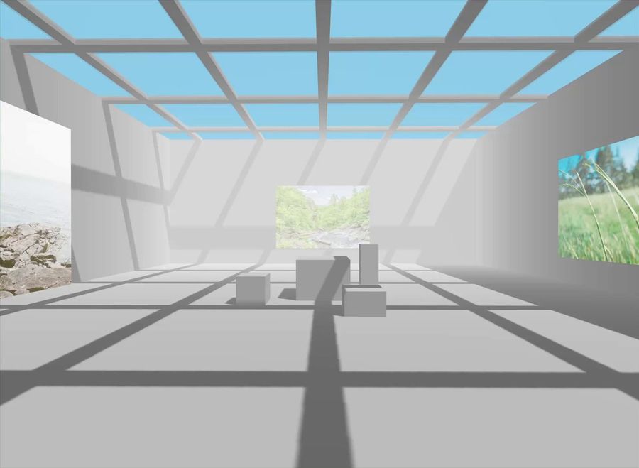 Escena de recorrido por el museo en Three.js