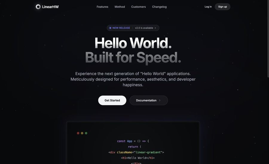 Página web "Olá, mundo" com variantes estilo Linear