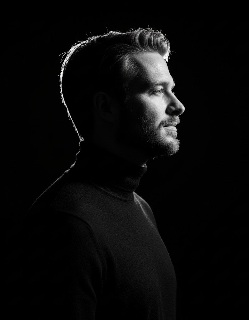 Retrato conceitual de perfil, em preto e branco, com alto contraste e iluminação de contorno