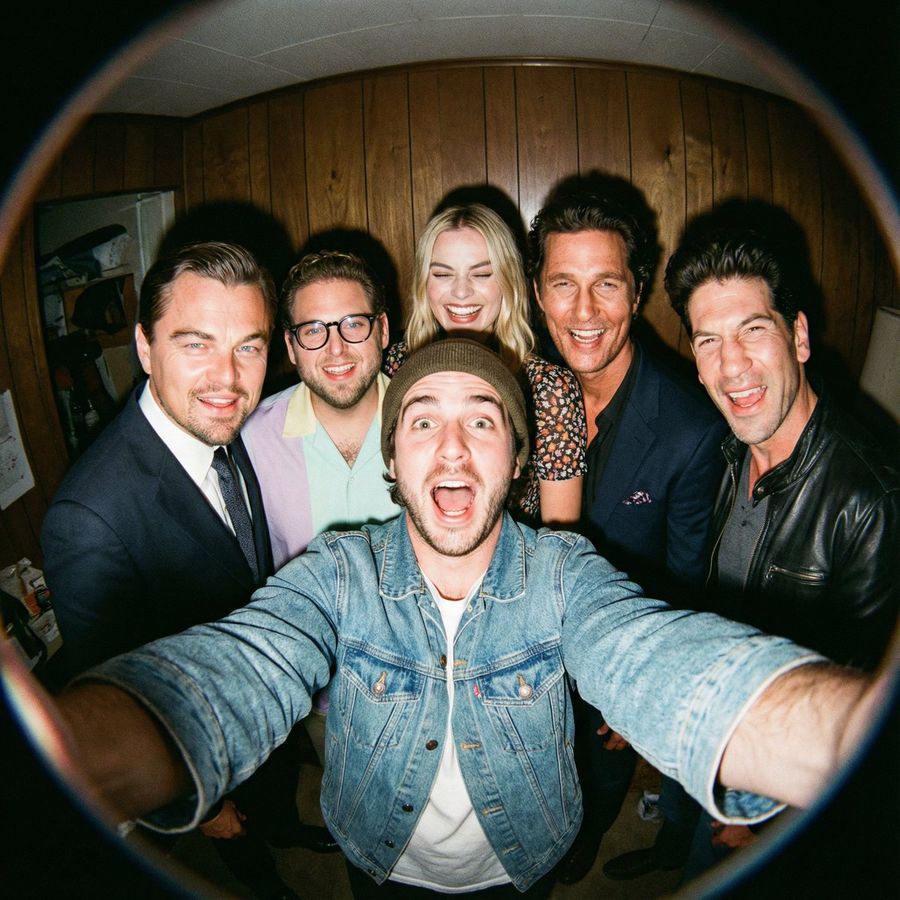Fisheye-Selfie mit Filmfiguren mit Nano Banana Pro