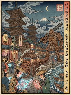 Reinterpretação em Ukiyo-e do período Edo de uma cena moderna