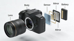 Ilustración de cámara DSLR con vista explosionada