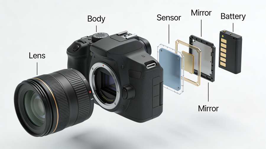 Ilustración de cámara DSLR con vista explosionada
