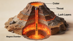 Diagrama de volcán en 3D con corte transversal