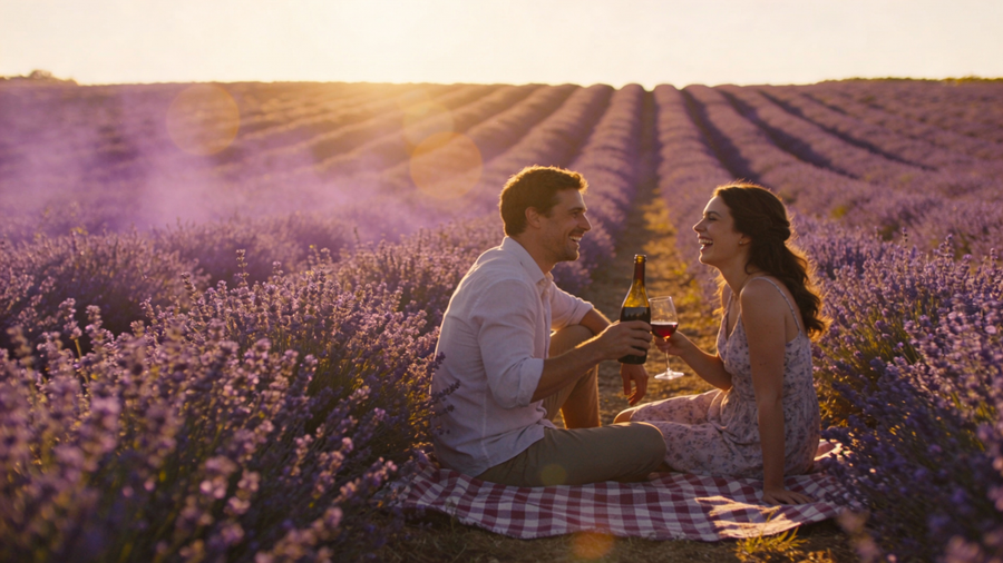 Pícnic romántico en un campo de lavanda