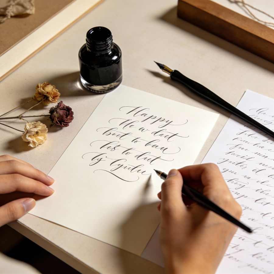 Overhead-Aufnahme: Kalligrafie-Handwerk