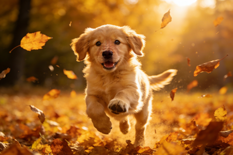 Cachorro de Golden Retriever entre Hojas de Otoño