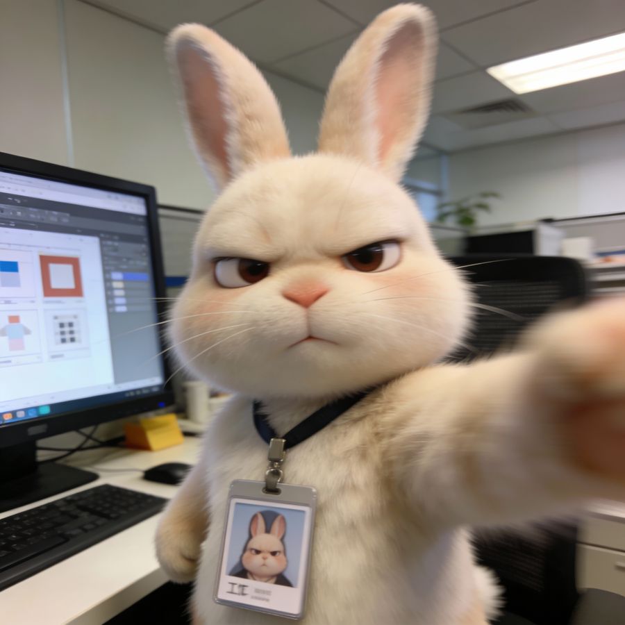 Selfie de un conejito de oficina harto del mundo