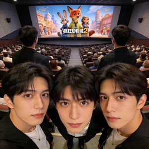 Selfie cenital fusionado de tres personas