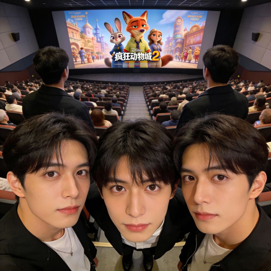Selfie cenital fusionado de tres personas