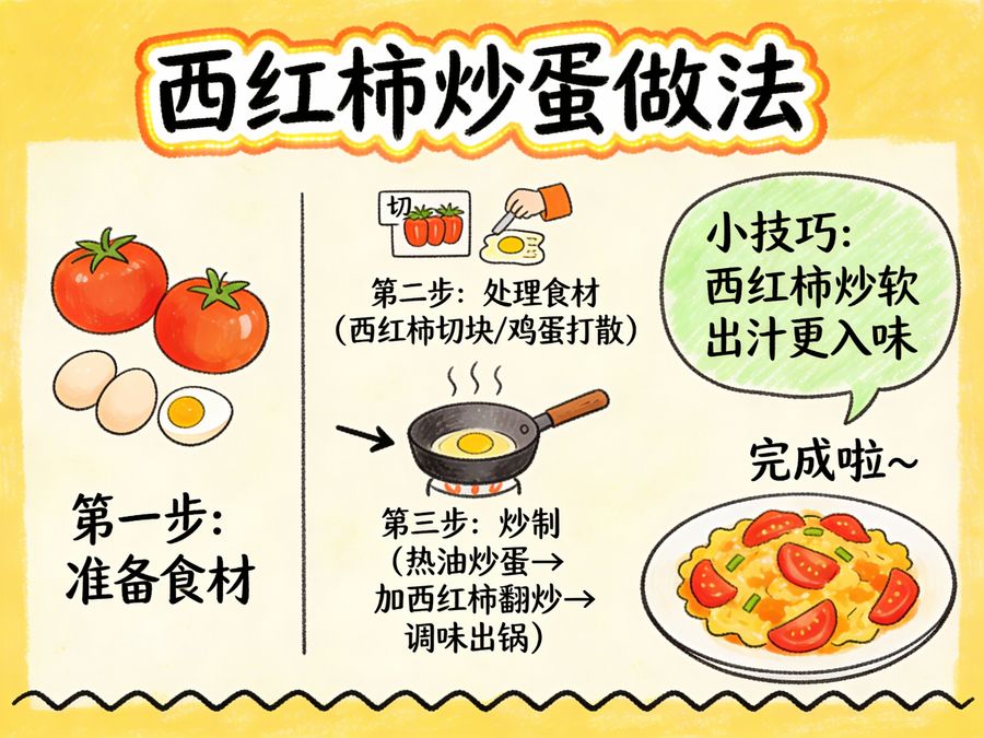 Tarjeta de conocimiento dibujada a mano: Tomate y huevo salteados