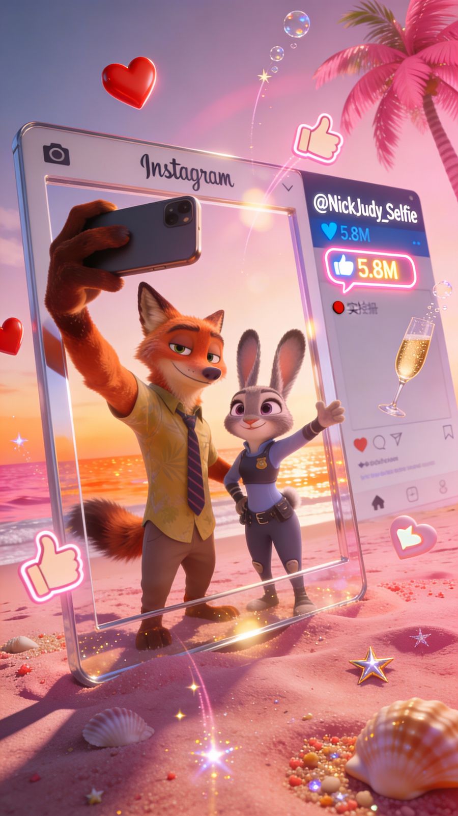 Selfie de Nick et Judy sur une plage rose, style Instagram