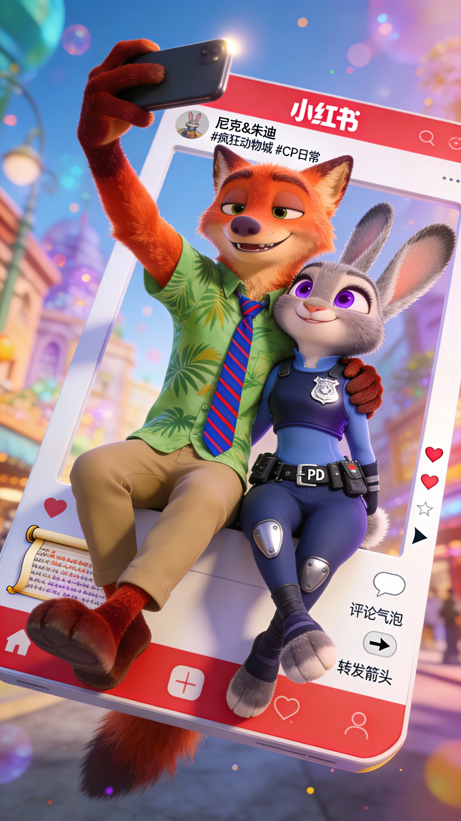 Selfie de Nick y Judy al estilo Xiaohongshu rompiendo la cuarta pared