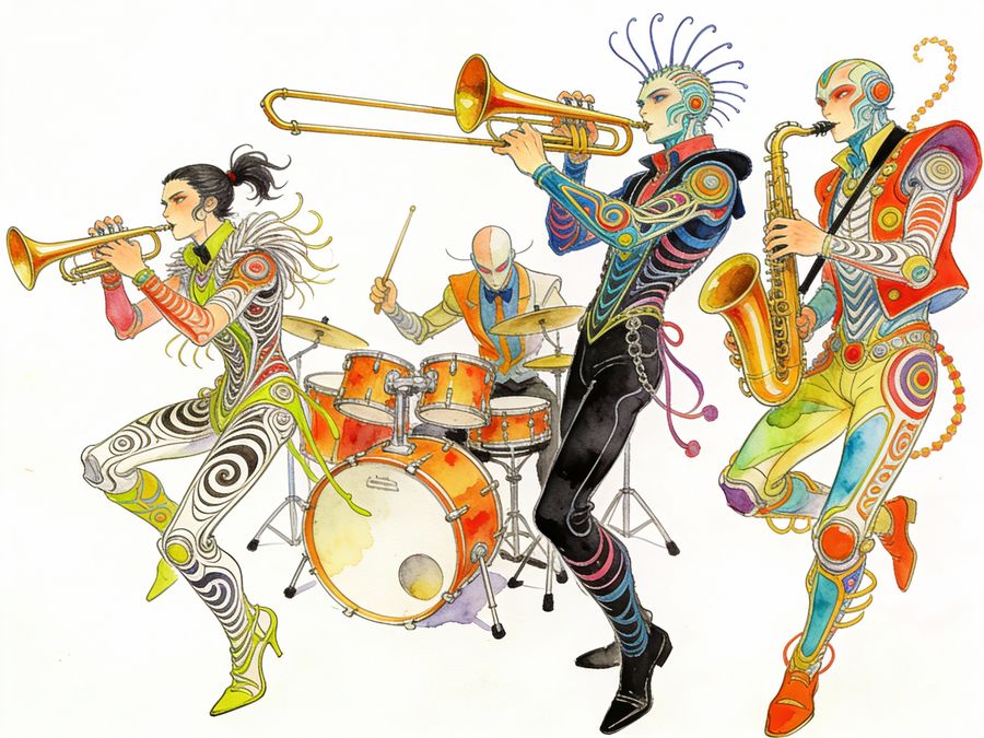 Illustration de groupe dans un style hybride entre Moebius et Kim Jung Gi