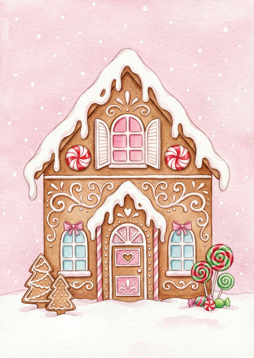 การ์ดบ้านขนมปังขิงสีน้ำสุดแปลกตา