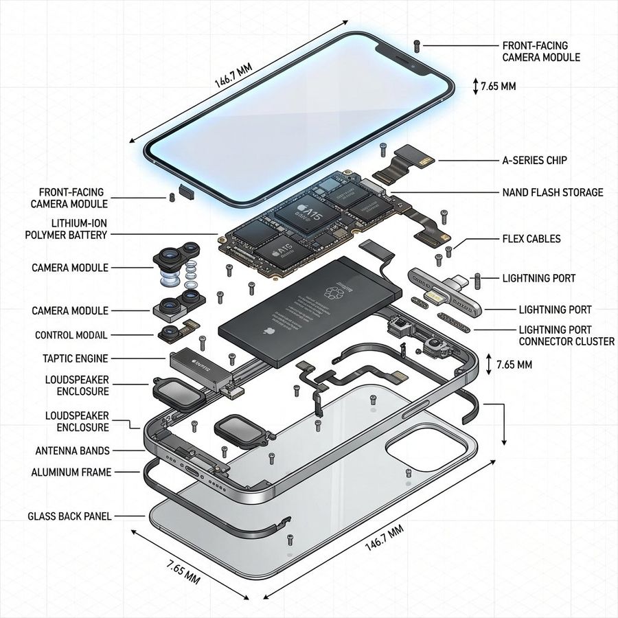 Diagramma Tecnico in Vista Esplosa di un iPhone
