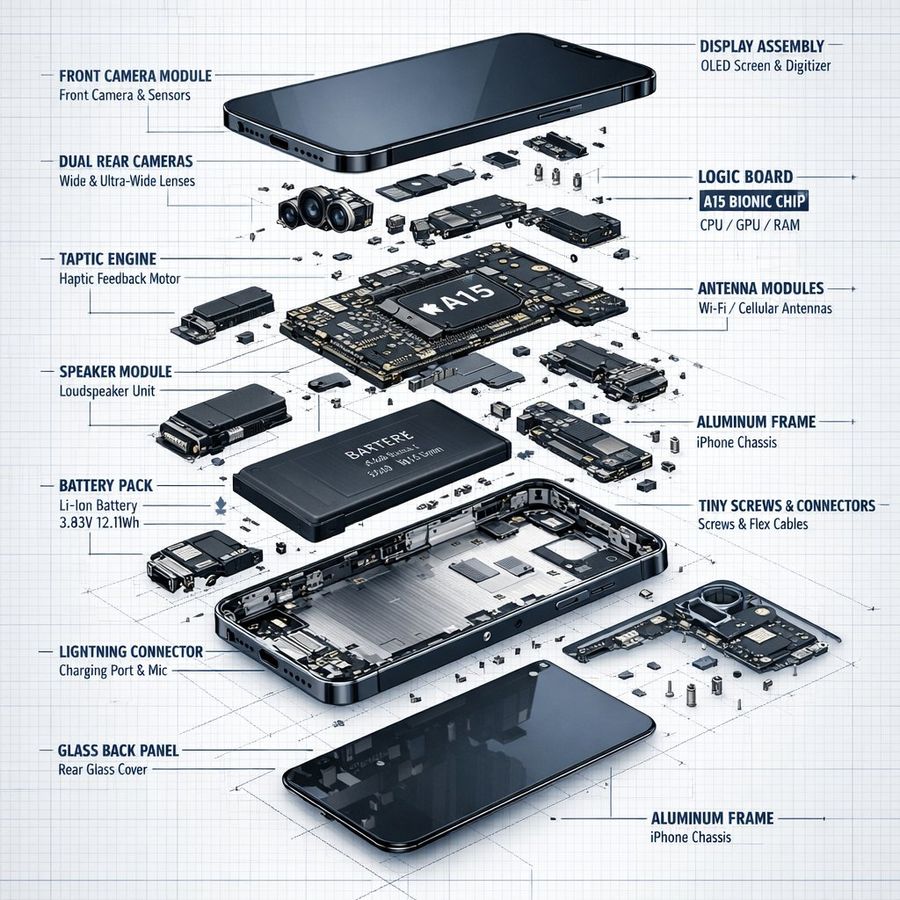 Diagramma Tecnico in Vista Esplosa di un iPhone
