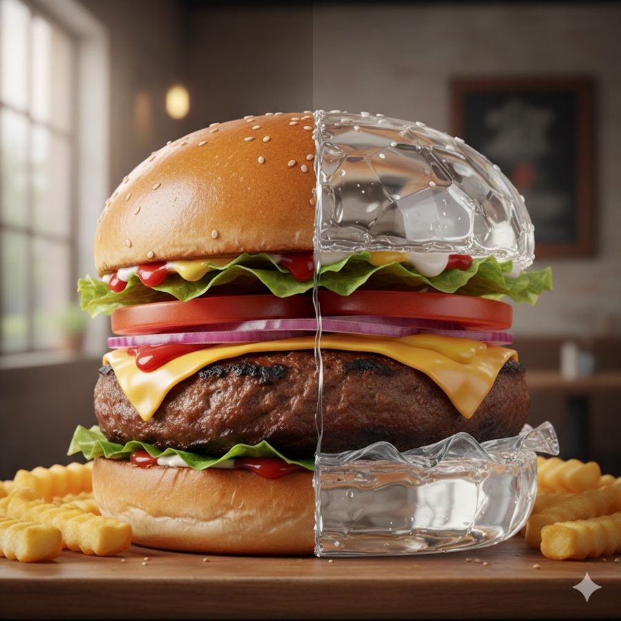 Fotogerçekçi Hamburger Yarısı Cam, Yarısı Normal