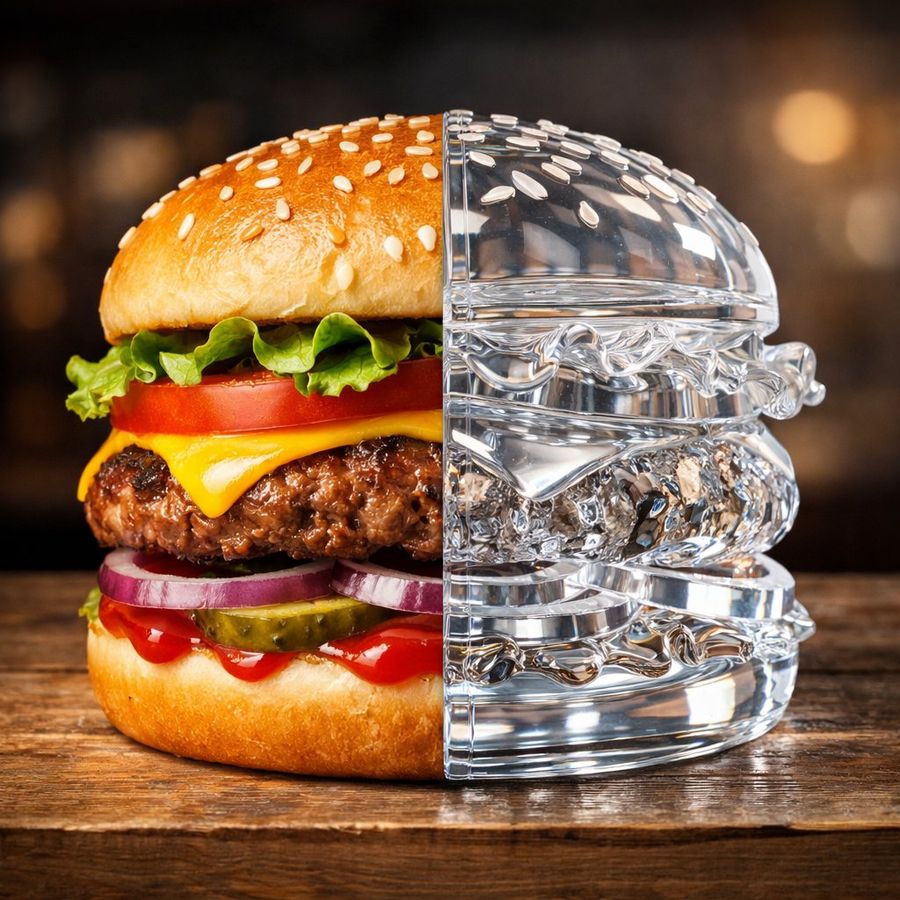 Hambúrguer Fotorrealista Metade Vidro, Metade Normal