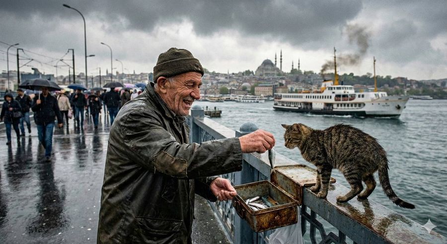 Foto documental de pescador y gato en el puente de Gálata