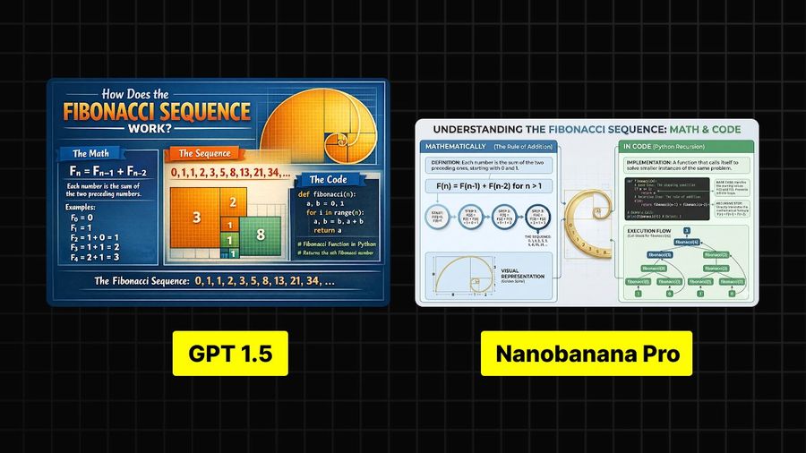गणित और कोड के साथ फिबोनाची अनुक्रम को समझाने वाला इन्फोग्राफिक
