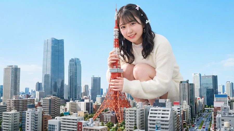 Persona gigante sosteniendo la Torre de Tokio en un paisaje urbano moderno