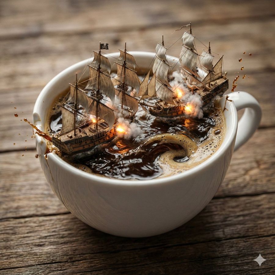 Batalha Naval Pirata Dentro de uma Xícara de Café