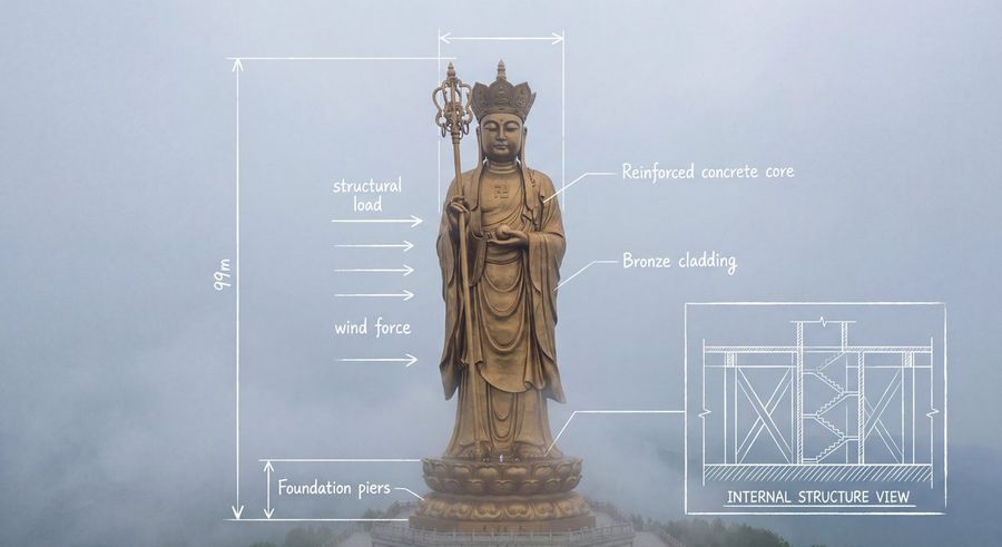 Sovrapposizione di uno schema tecnico sulla statua del Bodhisattva Ksitigarbha