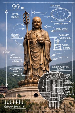 Sovrapposizione di uno schema tecnico sulla statua del Bodhisattva Ksitigarbha - 2