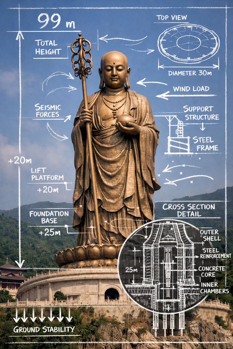Sovrapposizione di uno schema tecnico sulla statua del Bodhisattva Ksitigarbha