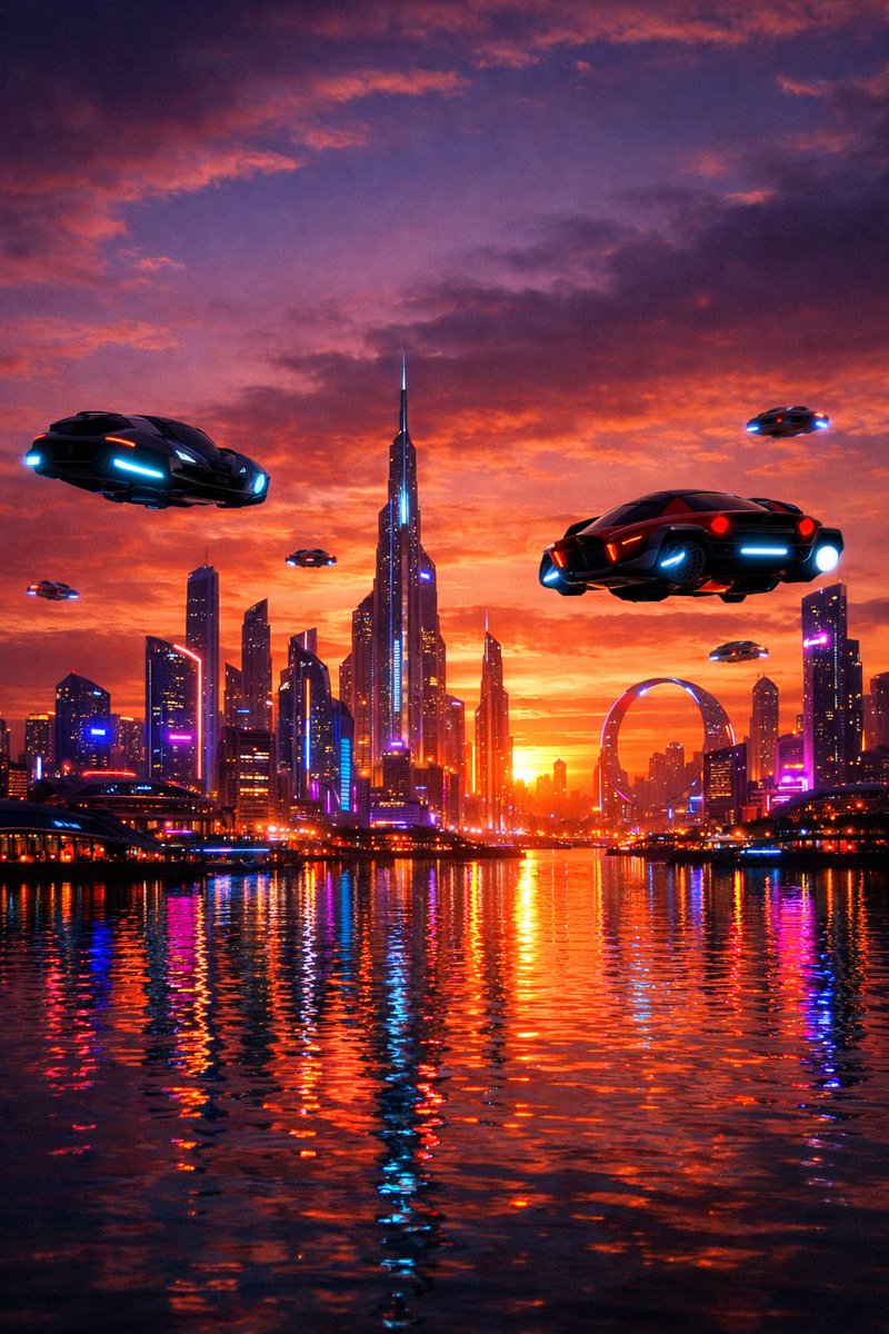 Prompt: Skyline di città futuristica al tramonto