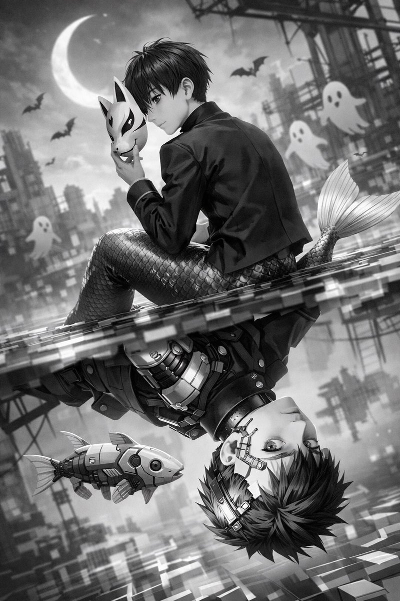 Prompt: Incontro tra scolaro cyborg e sirena