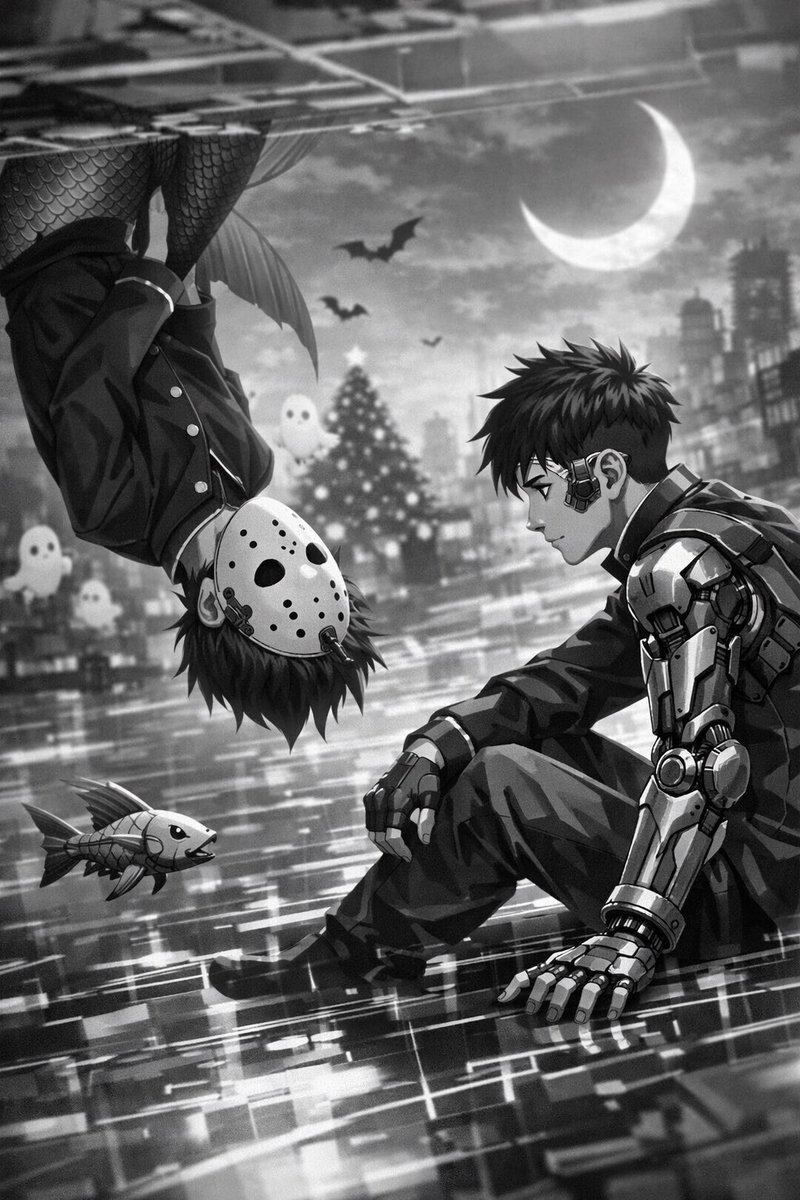 Prompt: Incontro tra scolaro cyborg e sirena