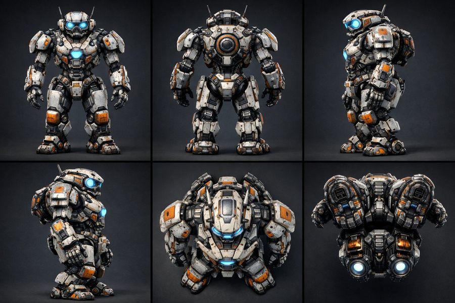 Prompt tecnico per matrice di personaggi robot 3x2