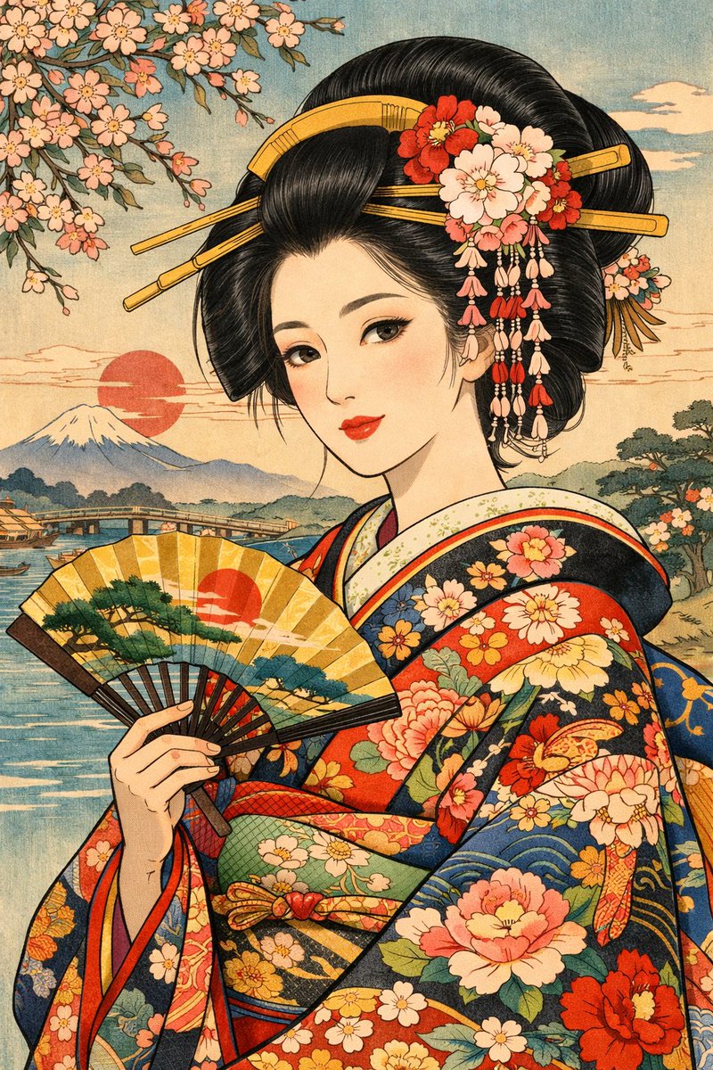 Ilustración de belleza moderna estilo Ukiyo-e