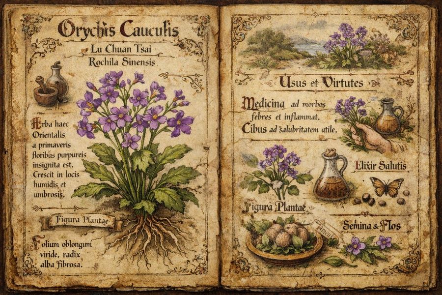 Ilustración de estilo manuscrito occidental para 'Orychophragmus violaceus'