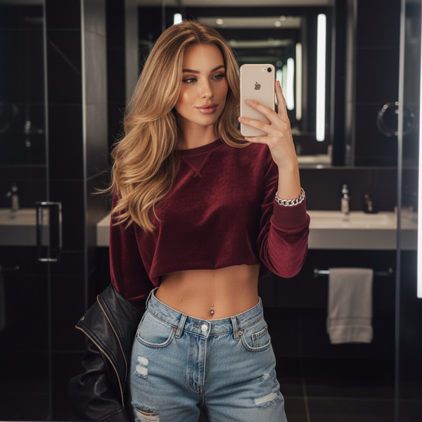 Selfie de espejo hiperdetallado de una mujer joven en un baño de lujo - Nano Banana