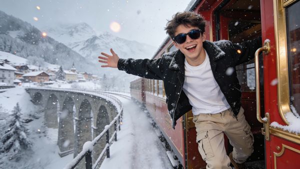 Aventura invernal cinematográfica en 8K en un tren antiguo - Seedream 4.5