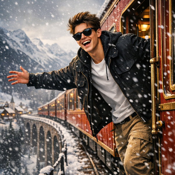 Aventura invernal cinematográfica en 8K en un tren antiguo - GPT Image 1.5