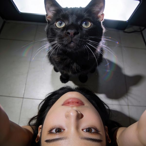 Selfie de un smartphone cenital con un gato negro - Seedream 4.5
