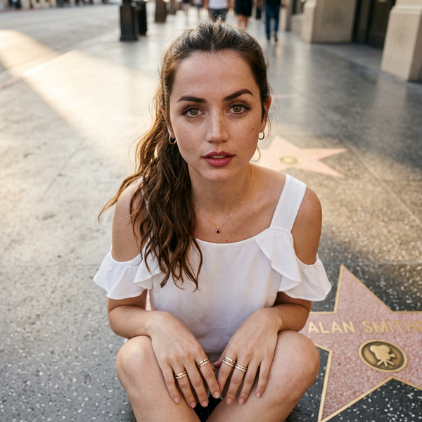Ana de Armas'ın Şöhretler Kaldırımı'ndaki Altın Saat Portresi - Nano Banana 2