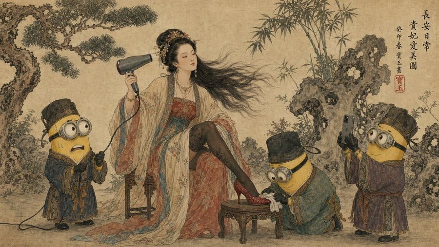 唐代貴婦とミニオンの工筆画