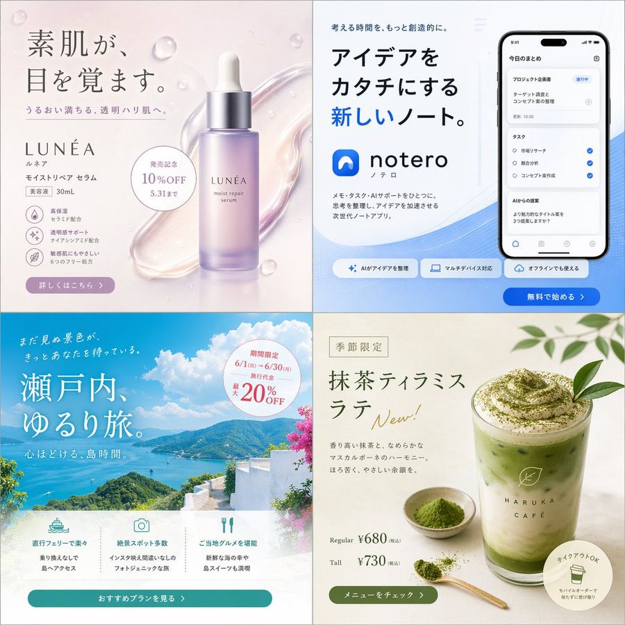 Vier japanische Werbebanner-Konzepte