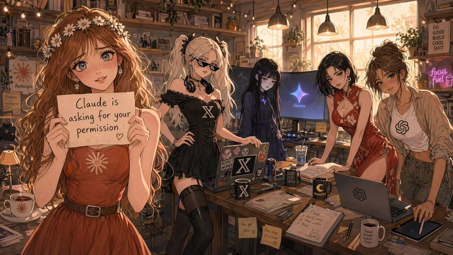 Garotas em Estúdio de IA Estilo Anime ao Pôr do Sol