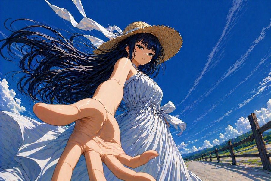 Illustrazione anime estiva con inquadratura dal basso e mano tesa