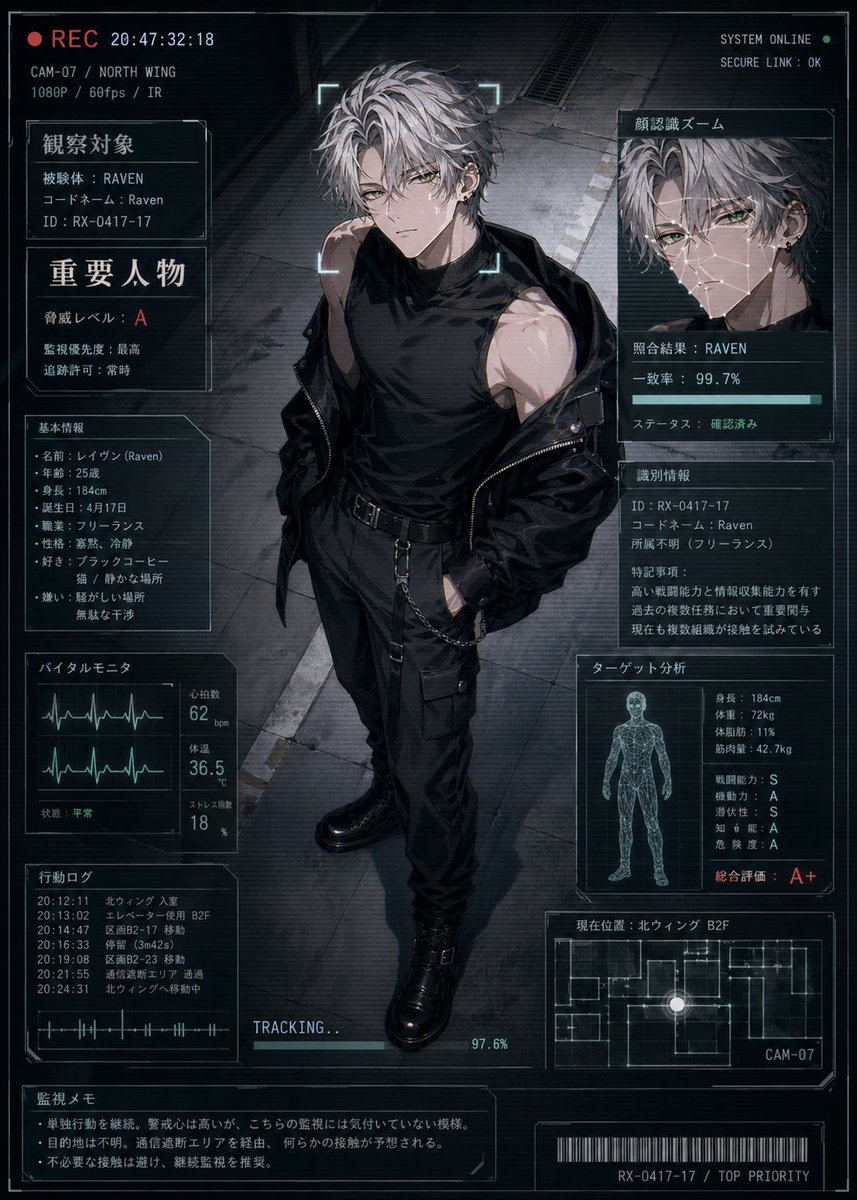 Pantalla de estado de personaje cyberpunk