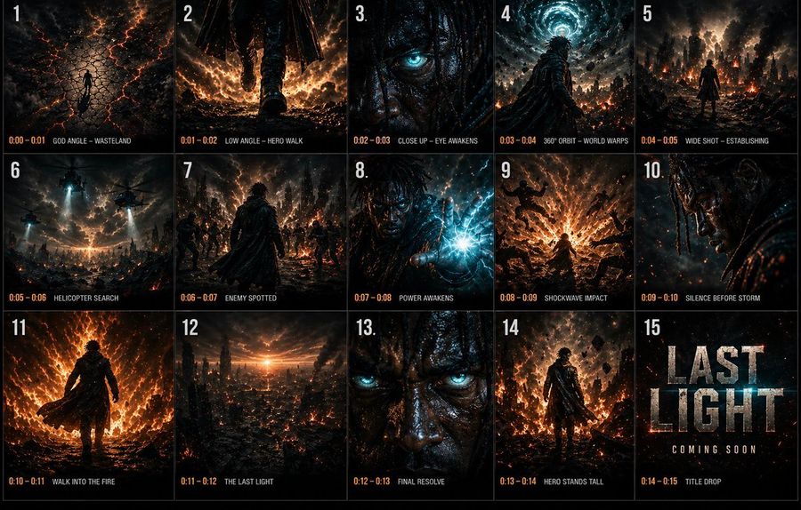Cuadrícula de storyboard cinematográfico de 3x3