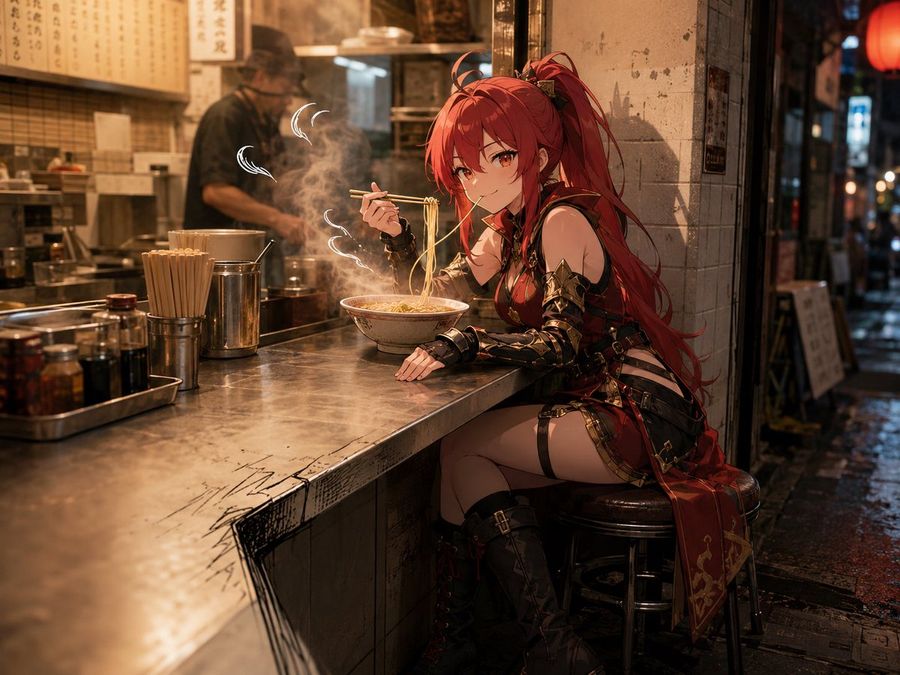 Guerriero anime che mangia ramen