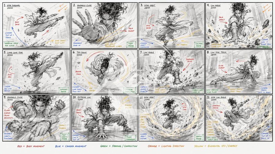 Storyboard de acción de Kung Fu