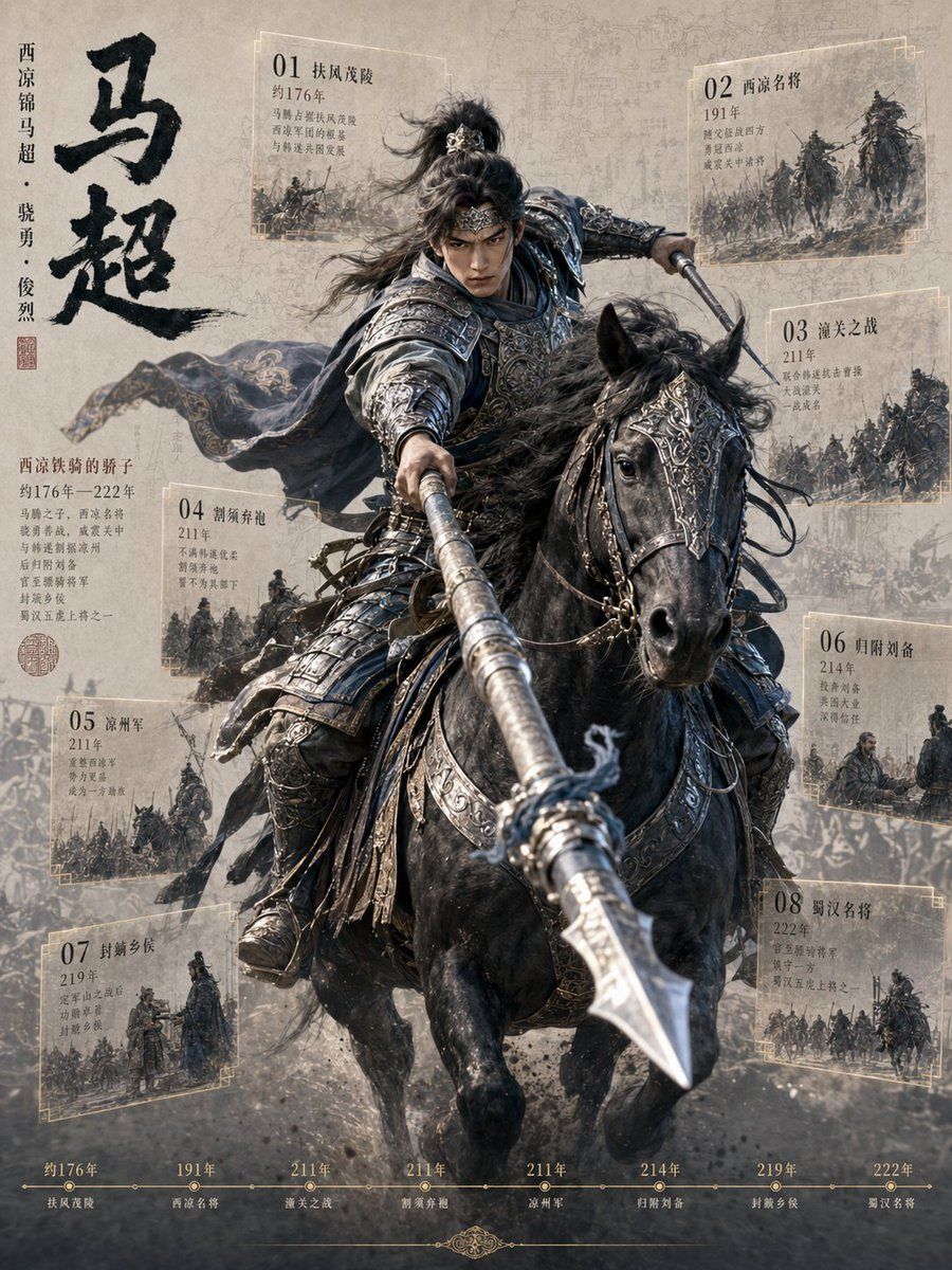 Póster de la línea de tiempo histórica de la caballería de Ma Chao